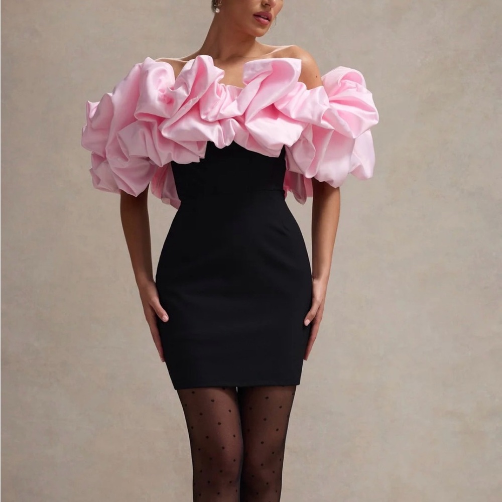 Club L London Pink Ruffle Off-Shoulder Mini Dress